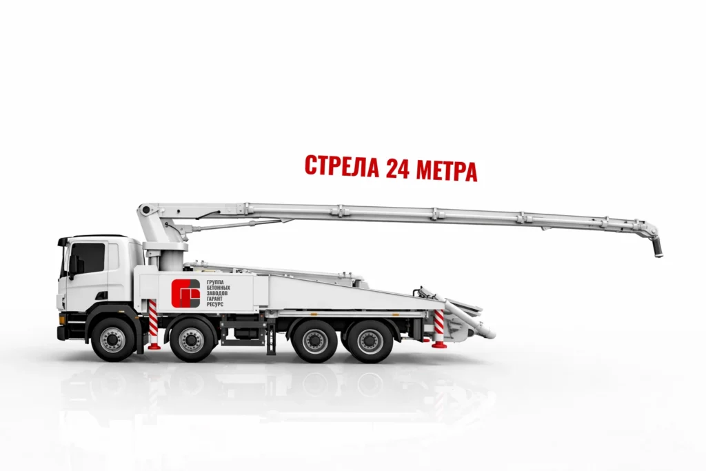 Автобетононасос со стрелой 24 м для подачи бетона на строительном объекте в Ильинском