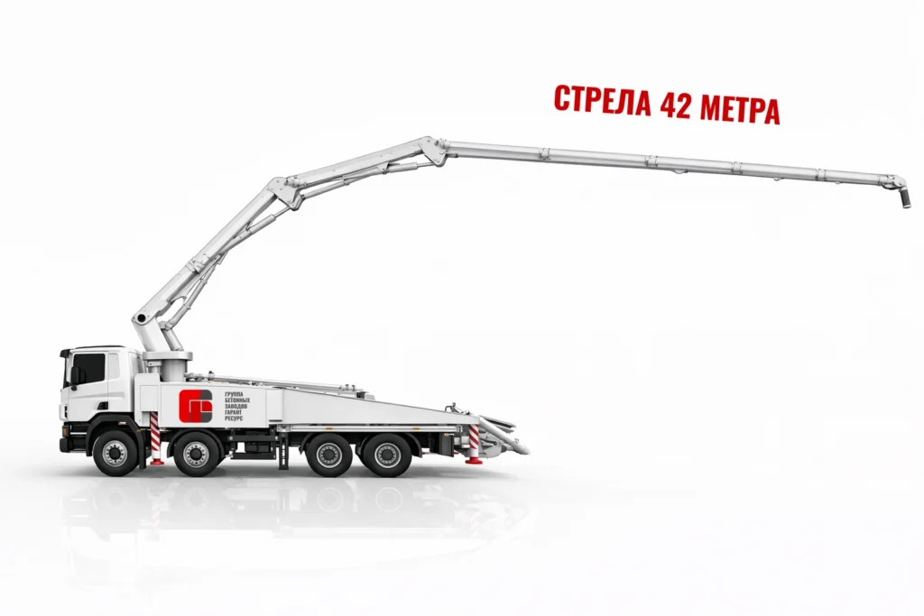 Автобетононасос со стрелой 42 м для подачи бетона на высоту в Ильинском